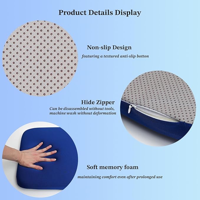 Non-Slip Navy Blue Square Seat Cushions Set of 2 - Comfortable Chair Pads with Removable Cover (15"x15"x1.7") for Kitchen, Office, Car & Indoor Use