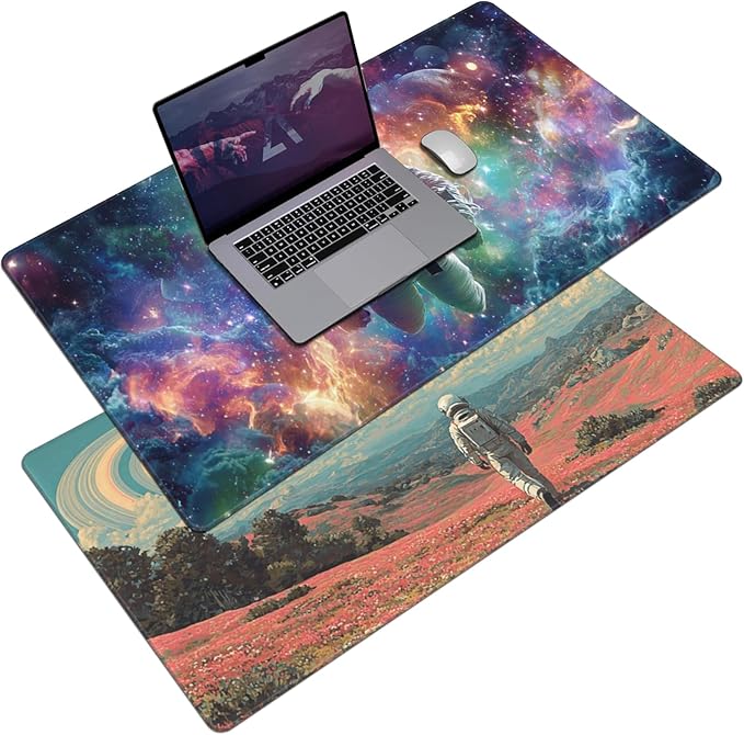 AQQA Double-Sided Extra Large Gaming Mouse Pad, Astronaut and Nebula Art Desk Mat, Smooth Surface, Non-Slip Rubber Base, Waterproof & Durable Stitched Edges for Office and Gaming,31.5”x15.7”