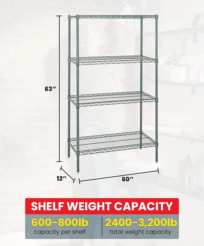QUANTUM STORAGE SYSTEMS WR63-1260P Starter Kit Wire Shelves Green Epoxy 4 Shelves 63" H x 60" W x 12" D