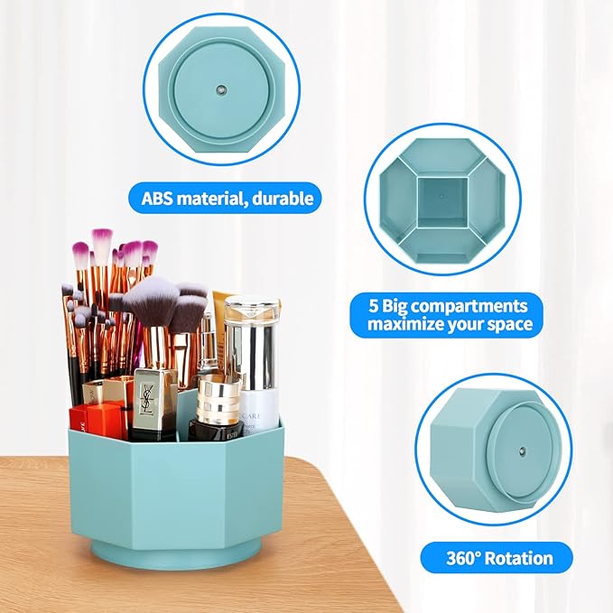 LETURE Desk Organizer, 360-Degree Rotating Pen Pencil Holder, 5 Compartments Desktop Stationary Organizer, Home Office Art Supply Storage Box Caddy (BLUE)