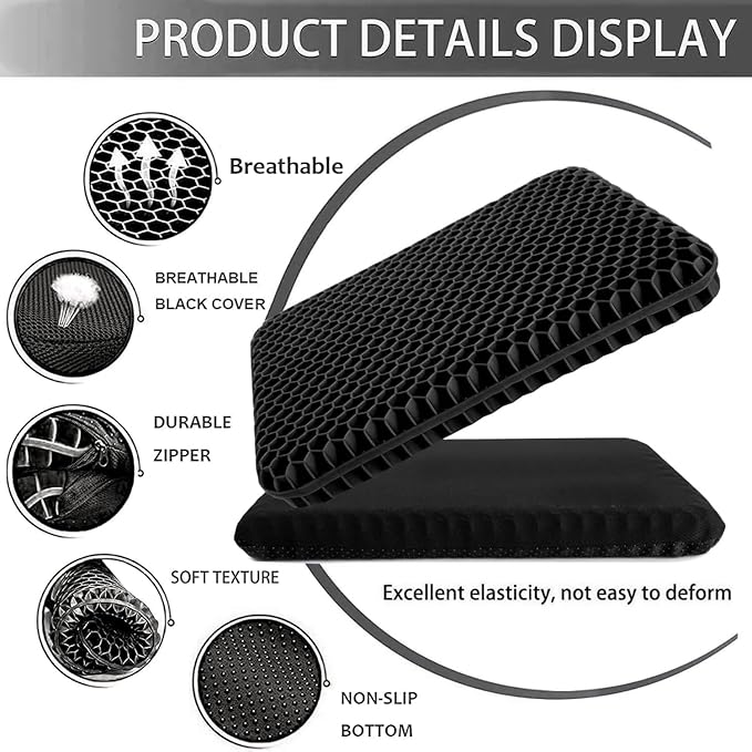 Gel Seat Cushion, Double Thick Breathable Honeycomb Design Absorbs Pressure Points Seat Cushion with Non-Slip Cover Gel Cushion for Office Chair Home Car Seat Cushion for Wheelchair (Black)