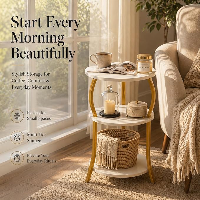 Vintage Small Round Side Table, 3-Tier Slim Waist Circular End Table with Storage Shelf, Compact Tea Sofa Table, Round Corner Coffee Table Nightstand for Living Room Bedroom Small Spaces,White+ Gold