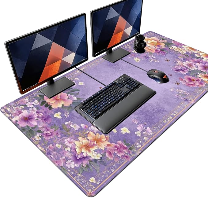 Extra Large Floral Mouse Pad‌ 48" x 24" - Beautiful Flower & Butterfly Design XXXL Desk Mat with Non-Slip Base, Violet Mousepad Comfortable Keyboard Mat for Gaming & Work