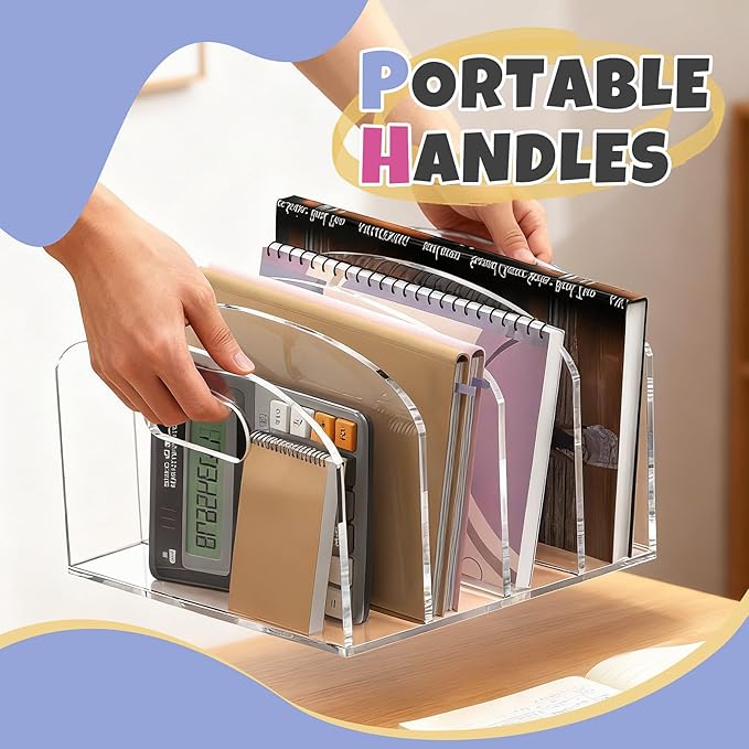 Jumyee 4 Vertical Compartments Acrylic Magazine File Holder with Handles, Clear Desk File Organizer Sorter, Desktop File Storage Binder Holder for Desk, Home, Office, School, Classroom