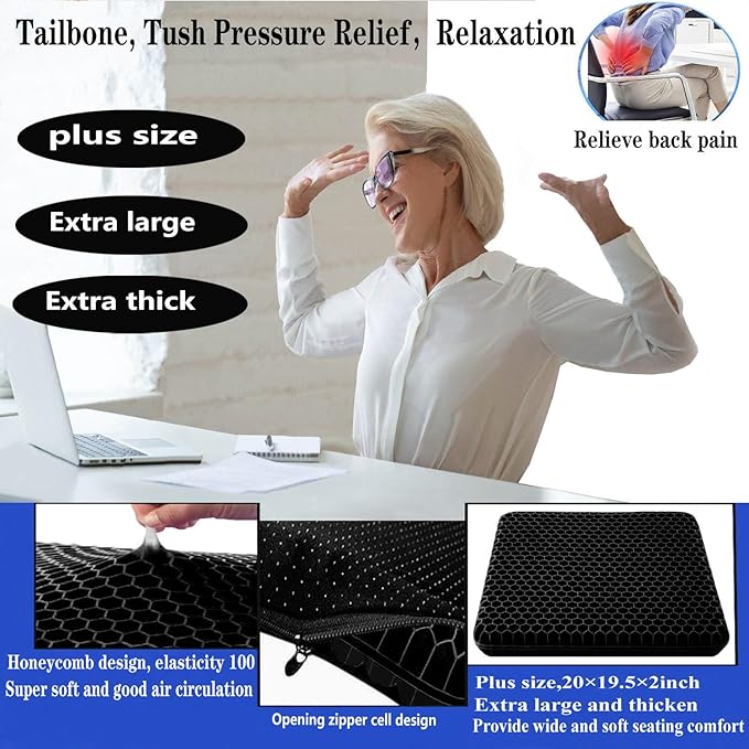 Plus Size Gel Seat Cushion for Long Sitting, Extra Large and Thick, Seat Cushion for Back, Sciatica, Hip, Tailbone Pain Relief, Used for The Office, Wheelchair, Car, Recliner, Stadium, Kayka.(Black)