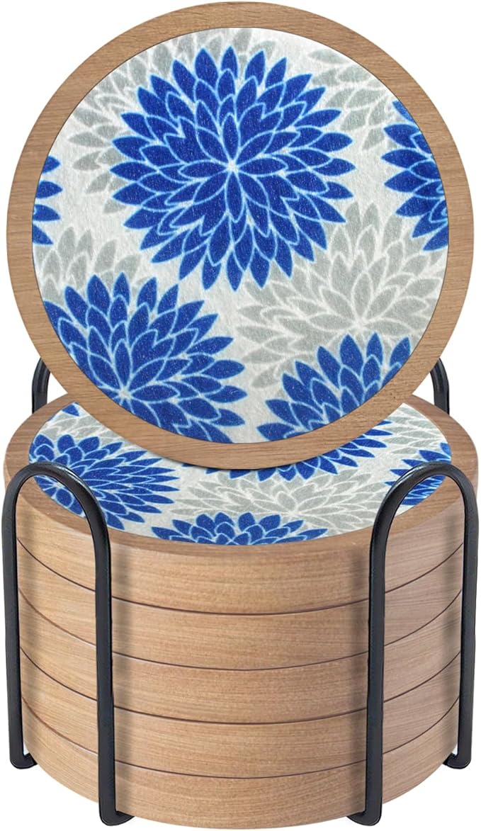 Wood Coasters Set of 6 with Holder, Cewiru Cup Mat for Drinks, Absorbent Coasters with Felt Insert for Coffee Table Protection, Modern Style Home Dining Table Decor, 4.3" Blue