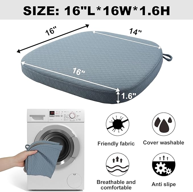 BUYUE Luxury 100% Pure Memory Foam Chair Cushions 4 Pack, Jacquard 16" U-Shape Comfortable Dining Chair Pads, Removable Slip Resistant Kitchen Chair Seat Cushions, (Set of 4, Sky Blue)