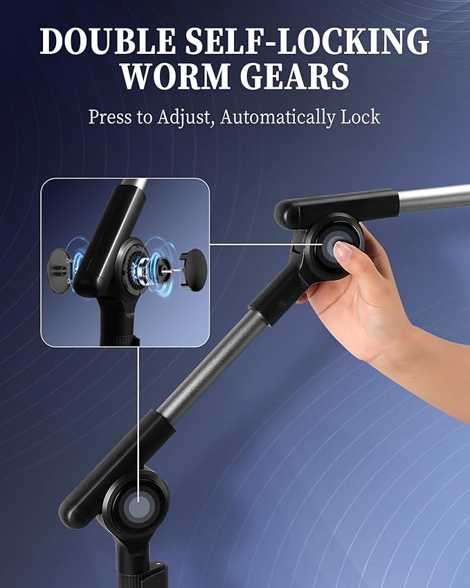 SHUWEI Tablet Floor Stand with Double Self-Locking Worm Gears, 63”Height Adjustable iPad Floor Stand with 7.5lb Stable Base, Compatible with 4.7-15.6'' iPad, Kindle, Phone, Portable Monitor, Black