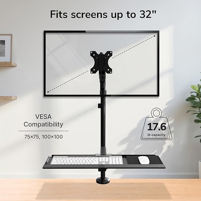 Mount-It! Sit-Stand Monitor Arm Desk Mount with Keyboard Tray, Single Monitor Fits Up to 32”, Height Adjustable Gas Spring, Full Motion Articulating Arm, Clamp or Grommet, Black
