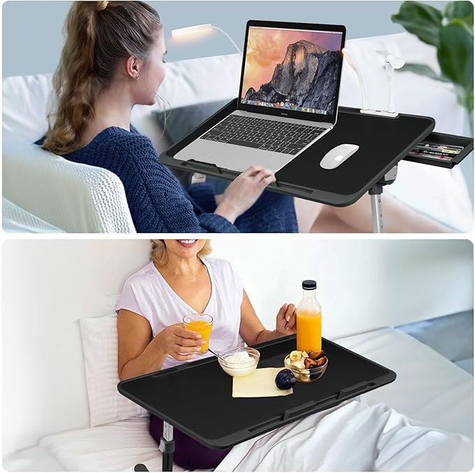 iXTRA Laptop Lap Desk with Cooling Fan - Adjustable with Light, USB, Storage Drawer - Folding Bed Desk,22.04"*12.59",Black