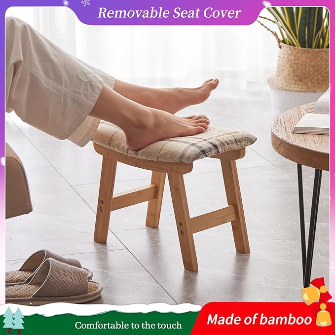Kitsanery Foot Stool,Ottoman,Bamboo Small Sofa Foot Rest Under Desk,Extra Seating for Living Room, Bedroom and Kitchen (Natural Stool Legs - Stripes Surface)