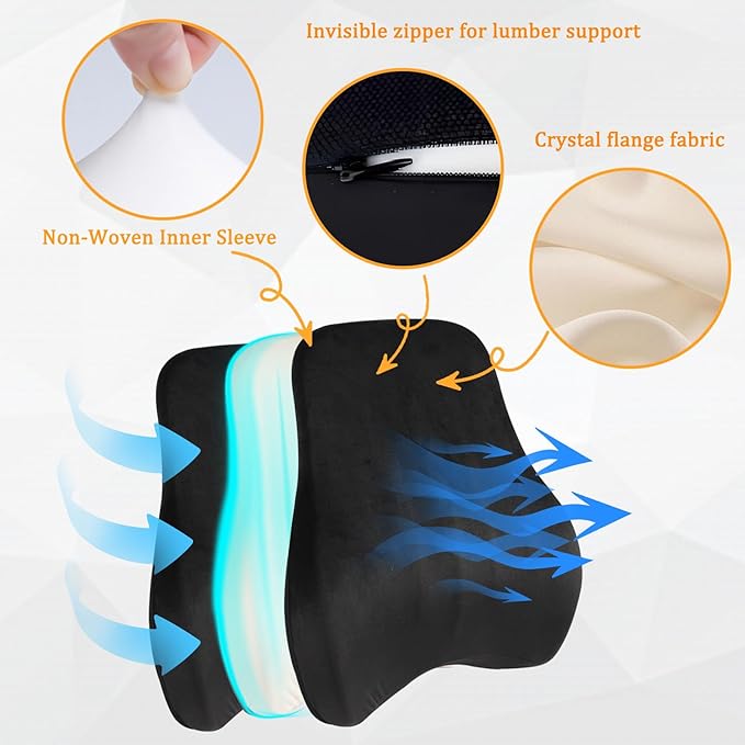 1Pcs Black Lumbar Support Pillow Multi-Functional Back Cushion For Car,Office Chair, Or Gaming Chair Use,100% Memory Foam Back Cushion For Lower Back Pain,Breathable Micro-Channel Design-Ergonomic.