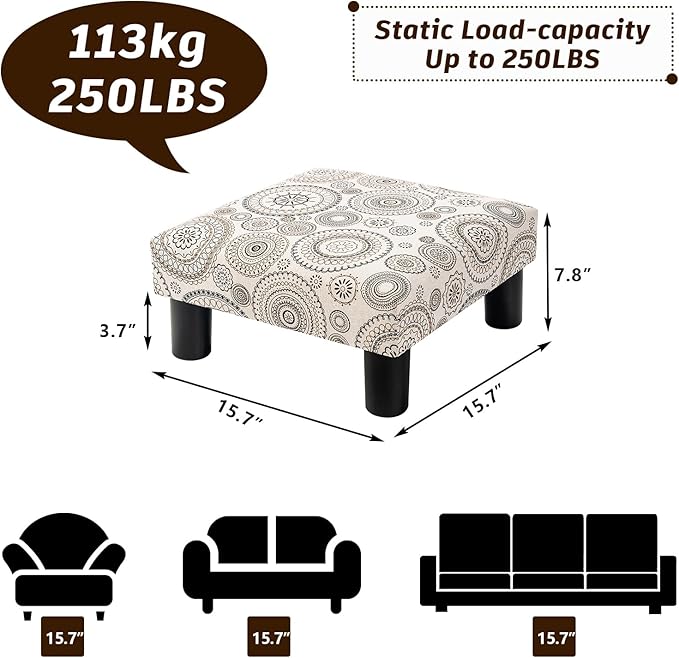 Joveco Small Foot Rest Stool Ottoman, Square Upholstered Fabric Footstool for Couch, Under Desk, Office, Living Room, Printing Beige