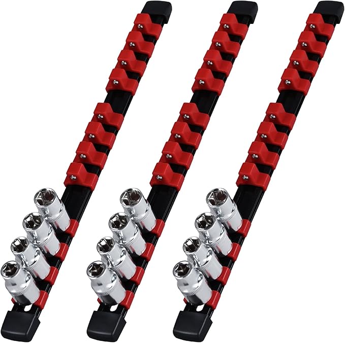 Socket Organizer, 1/2-Inch Drive Heavy Duty Socket Holder Kit ABS, Socket Rail 1/2-Inch x 12 Clips Red, 3 Pieces