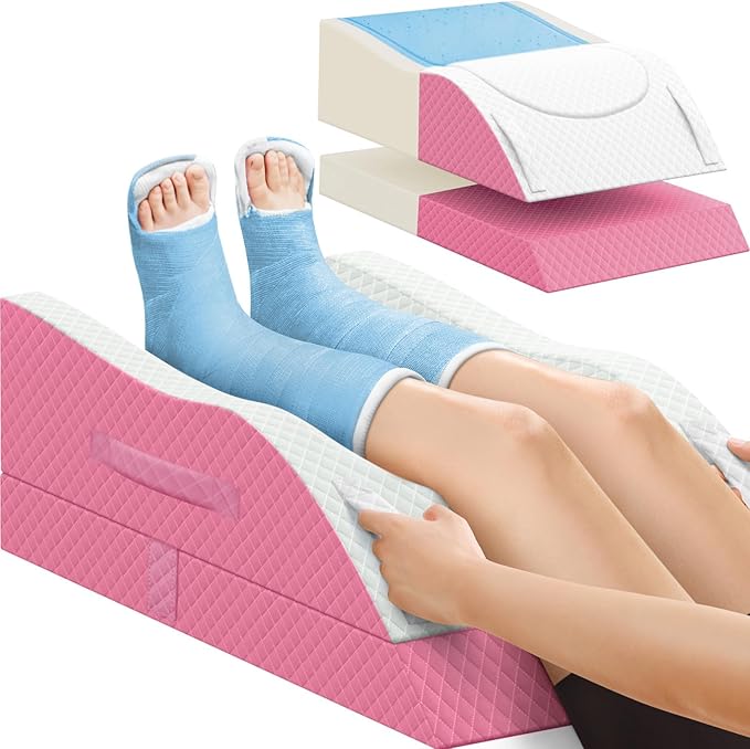 CushZone Leg Pillow, Leg Elevation Pillow with Pad and Memory Foam, Height Adjustable Bolster Pillow for Legs, Leg Pillow Elevation Blood Circulation, for Post-Surgery, Pink & White