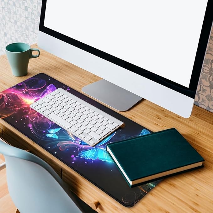 Neon Butterfly Desk Mat Magic Colorful Fantasy Dream Mousepad XL Large Gaming Mouse Pad Laptop Keyboard Mat Desk Pad 31.5"x11.8"