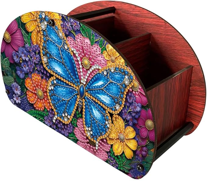 POETRYDRAW DIY Butterfly Diamond Art Painting Wooden Storage Box – Multi-Grid Moon Fan Makeup Brush Organizer, Double-Sided Drill Tabletop Holder for Women, Office & Home Decoration