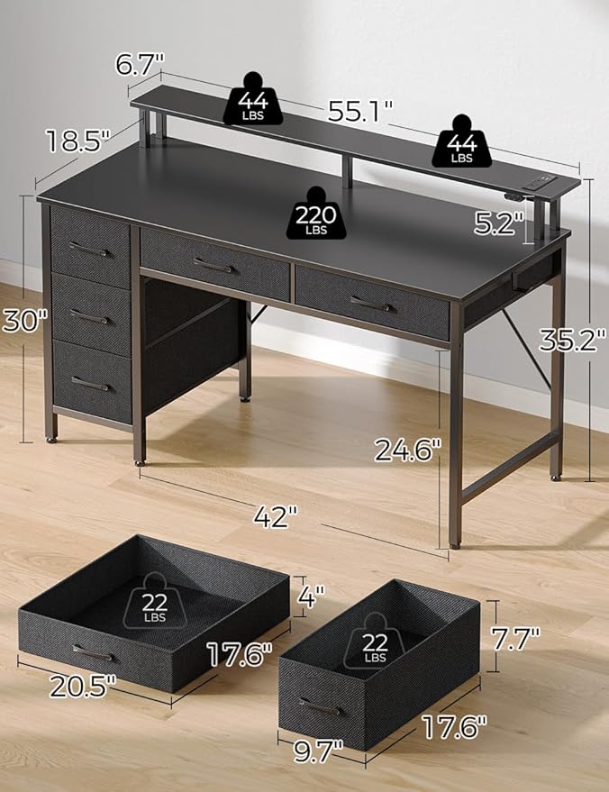 Seventable Computer Desk with Drawers, 55 Inch Desk with Drawers Home Office Desks, Computer Desk Office Desk with Power Outlets & LED Light, Monitor Stand Work Table Black