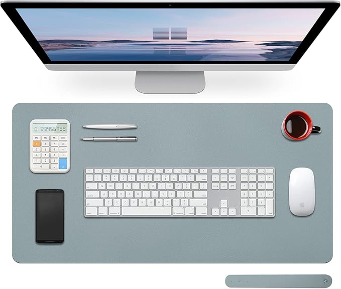 Desk Pad - Large Office Desk Protector, 27.5" x 13.7", Laptop Mat, Leather, Gray Blue