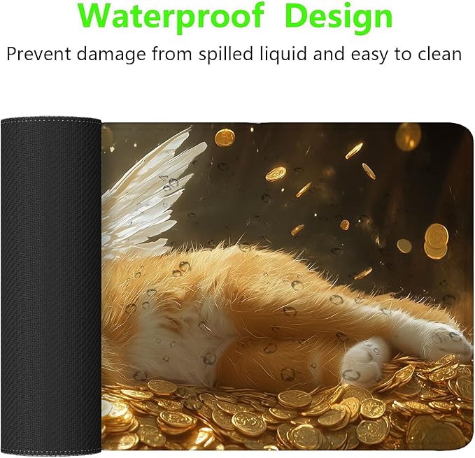 Cute Cat Desk Mat Dragon Wing Cave Gold Coin Fantasy Large Gaming Mouse Mat with Stitched Edges,Non-Slip Waterproof Rubber Base Mous Mat 31.5"x11.8" Office Computer Keyboard Laptop Home
