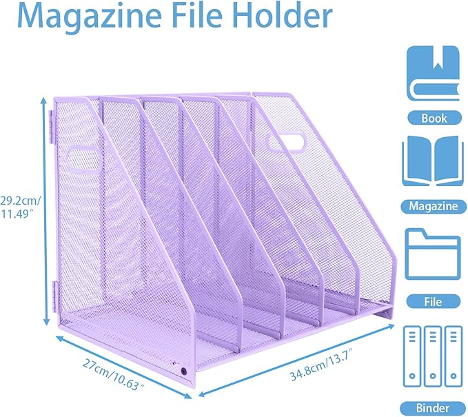 Desk Organizers Metal Magazine File Holder Racks Desktop Folder Storage Binder Organiser Document Organization for Home Office & Classroom,5 Vertical Compartments-Purple