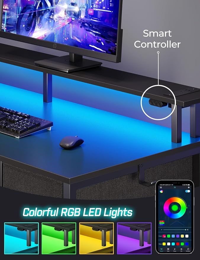 Seventable Computer Desk with Power Outlets & LED Lights, 47 inch Office Desk with Keyboard Tray & 5 Drawers, PC Desk/Work Desk/Computer Table for Home Office, Black