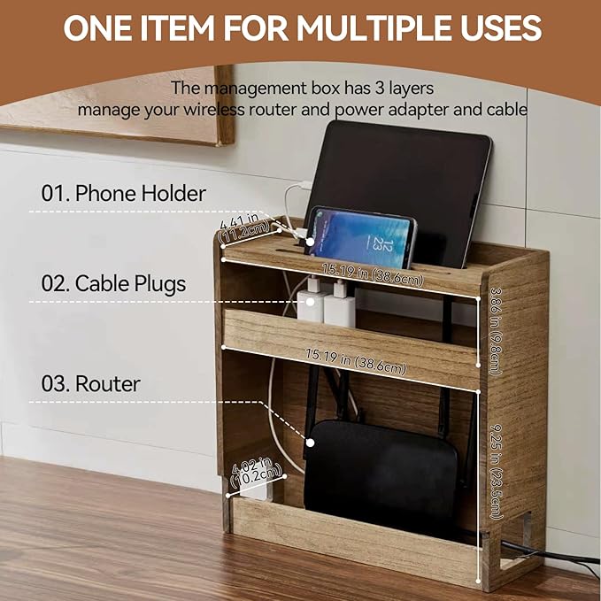 KIRIGEN WiFi Router Storage Box, Wooden Cable Management Box with 3-Tier Shelf, Modem and Power Strip Organizer for Desk, TV Stand, Home Office, Living Room, Brown LYQ-DBR