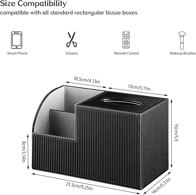 Tissue Box Cover Square with Storage, PU Leather Cube Tissue Box Holder, Multifunction Remote Control Nightstand Organizer, Modern Desk Caddy for End Table, Bathroom, Home, Office Decor