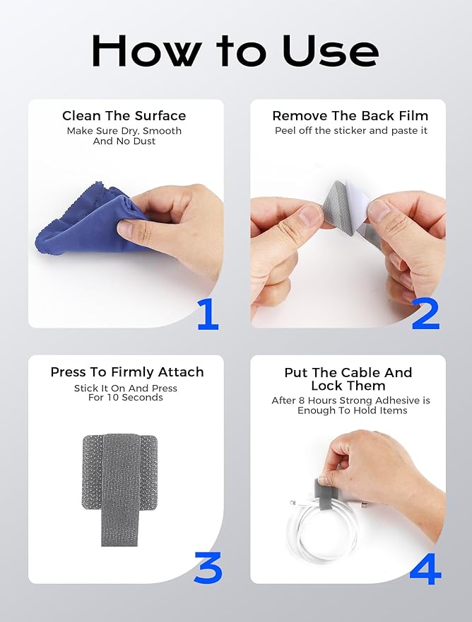 100pcs Hook and Loop Cable Ties, Adhesive Wire Management, Adjustable Cord Wrappers, Grey