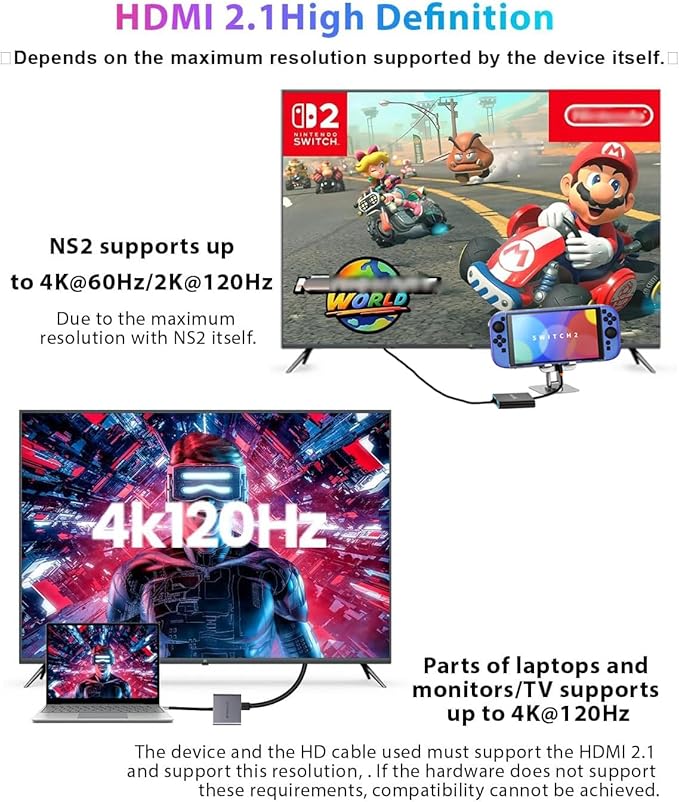 Switch Dock,Switch Docking Station/USB C to hdmi for Nintendo Switch/Switch 2 with HDMI 2.1/4K120Hz,usbc to hdmi Adapter Compatible with MacBook/Laptop Support v22 of NS2 After Update