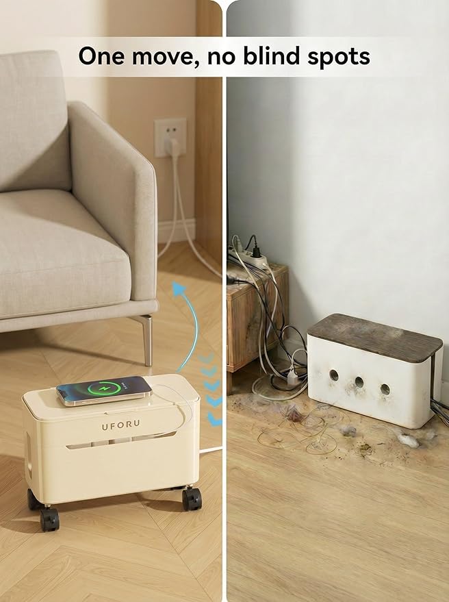 2-Tier Rolling Cable Management Box with Wheels (Large) – Mobile Power Strip Hider & Cord Organizer – Under Desk Wire Concealer & Charging Station Organizer – Baby & Pet Proof Safety (Cream White)