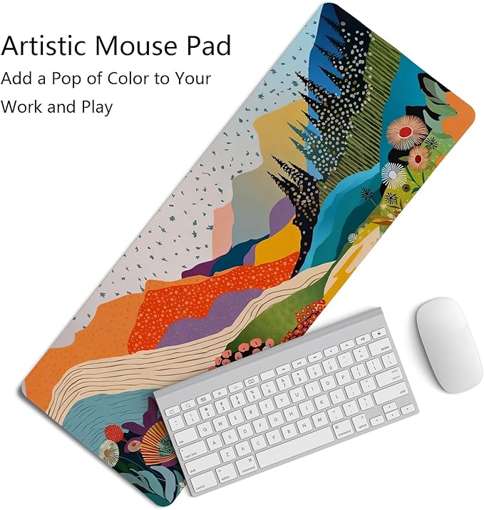 Abstract Colorful Boho Mountain Wildflower Mouse Pad,Aesthetic Nature Landscape Desk Mat,Spring Summer Botanical Forest Mousepad for Home Office Dorm Desktop Decor,31.5x11.8 Inch
