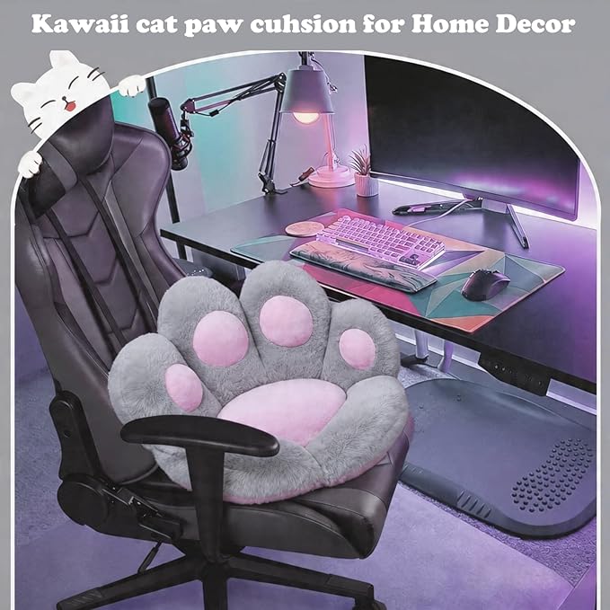 DOBUONO Cat Paw Cushion Office Chair Cushion Comfy Plush Gaming Chair Cushion Cute Seat Cushions for Girl, Cute Gaming Acessories Room Decorate 28"x 24" (Gray)