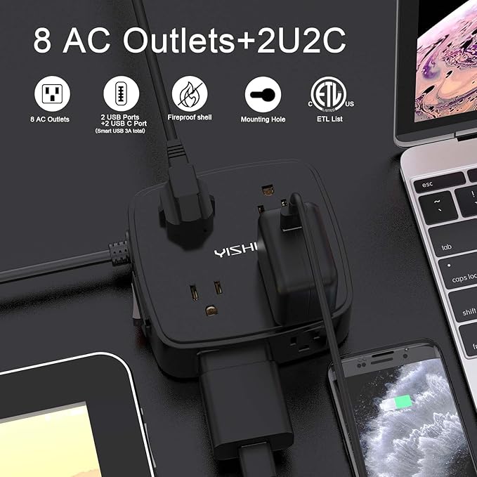 6 Ft Surge Protector Power Strip - 8 Widely Outlets with 4 USB Ports, 3 Side Outlet Extender with 6 Feet Extension Cord, Flat Plug, Wall Mount, Desk USB Charging Station, ETL,Black