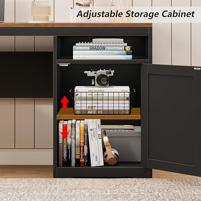 YOMILUVE 63" Farmhouse L Shaped Executive Desk with Drawers & Storage Shelf, Corner Computer Desk with Power Outlets, L Shaped Office Desk with Monitor Stand, Printer Shelf, Brown and Black