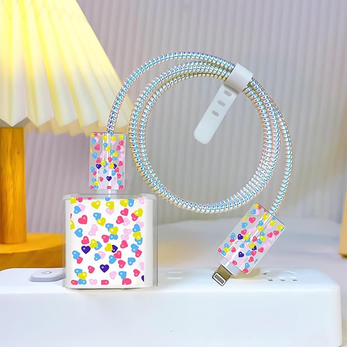 Phone Charger Case Storage Set with Cute Heart Cable Protector with Carrying Cable Case Bag,Cord Organizer, USB Earphone Wire Saver Organizer Charger Protector for iPhone (Colourful Heart)