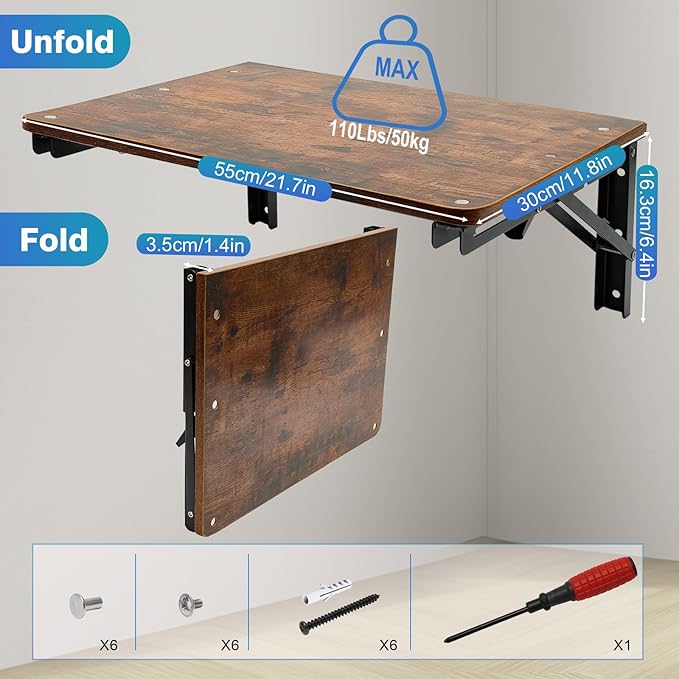 Folding Shelf Wall Mounted for Small Space, Wooden Wall Table for Living Room Bedroom Decor, Office Floating Fold Down Desk, Media Shelves with Heavy-Duty Brackets Holds Up to 80lbs, 21.7Inches