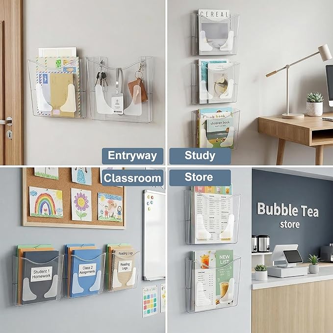 PAG 6-Pocket Clear Wall Mount File Organizer for Office, Vertical Hanging Document Paper Folder Holder for Home, Letter Size Mail Sorter, Transparent Magazine Literature Rack with Mounting Hardware