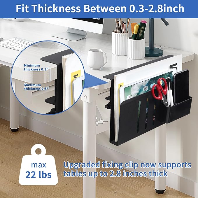 LUKETURE Laptop Holder, Steel Desk Side Storage, No Drill Standing Desk Accessories, Laptop Mount with Pen Holder, Back to School Supplies, Fits Flat Edge Tables 0.3" to 2.8" (Black, M(1 Tier))