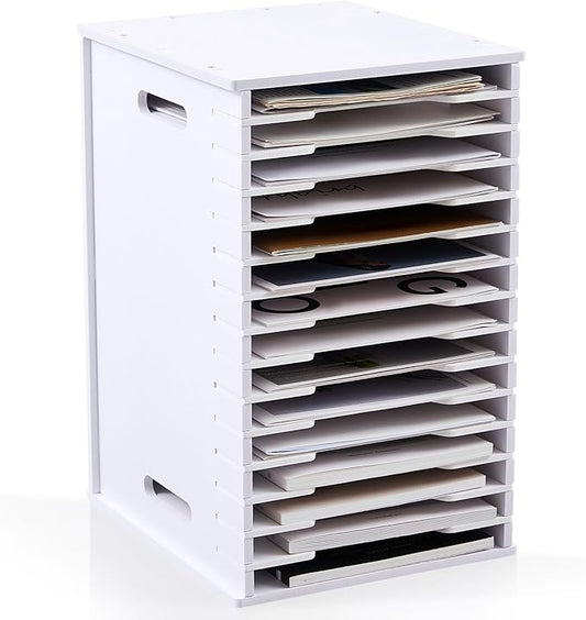Juexica 15 Tier 8.5" x 11" Scrapbook Paper Organizer, White Cardstock File Organizer with Adjustable Shelves, Stackable Paper Trays, Desktop Storage Rack Document Holder for Desk Home Office