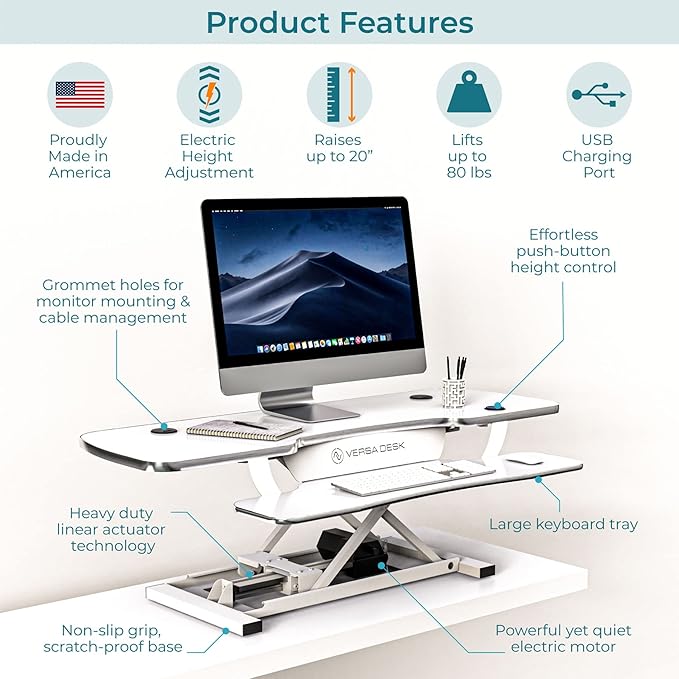 VERSADESK PowerPro 48 Inch Electric Standing Desk Converter – Push-Button Height Adjustable Sit to Stand Desk Riser for Multiple Monitors – Motorized Desktop Workstation with Wide Keyboard Tray, White