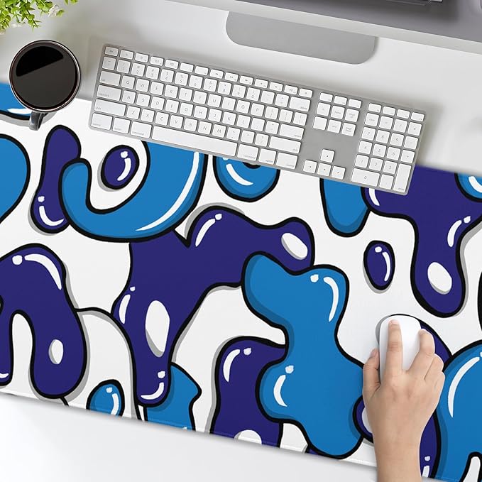 Navy Blue White Mouse Pad Gaming Desk Pad Geometric Japanese Anime Cool Extended XXL Mouse Pad 35.4X15.7 Inch Full Desk Mousepad Gaming with Stitched Edges Non-Slip Base for Desktop Keyboard Pad