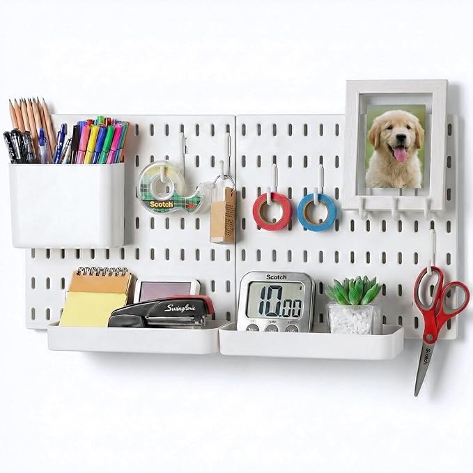 Keepo Peg Board Wall Organizer – Plastic Pegboard Panels, Modular Peg Board Storage System For Home Office, Craft Room, Gaming Setup (White, 22″×11″)