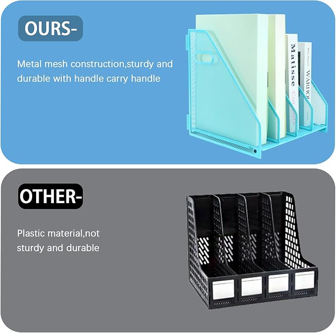 Desk Organizers Metal Magazine File Holder Racks Desktop Folder Storage Binder Organiser Document Organization for Home Office & Classroom,4 Vertical Compartments-Blue