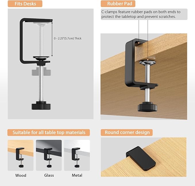 Syeeiex Under Desk Cable Management with No-Drill C-Clamp & Screw Mount, 17'' Metal Under Desk Cord Organizer, Cable Management Tray for Office/Home workspace (Black, Set of 2)