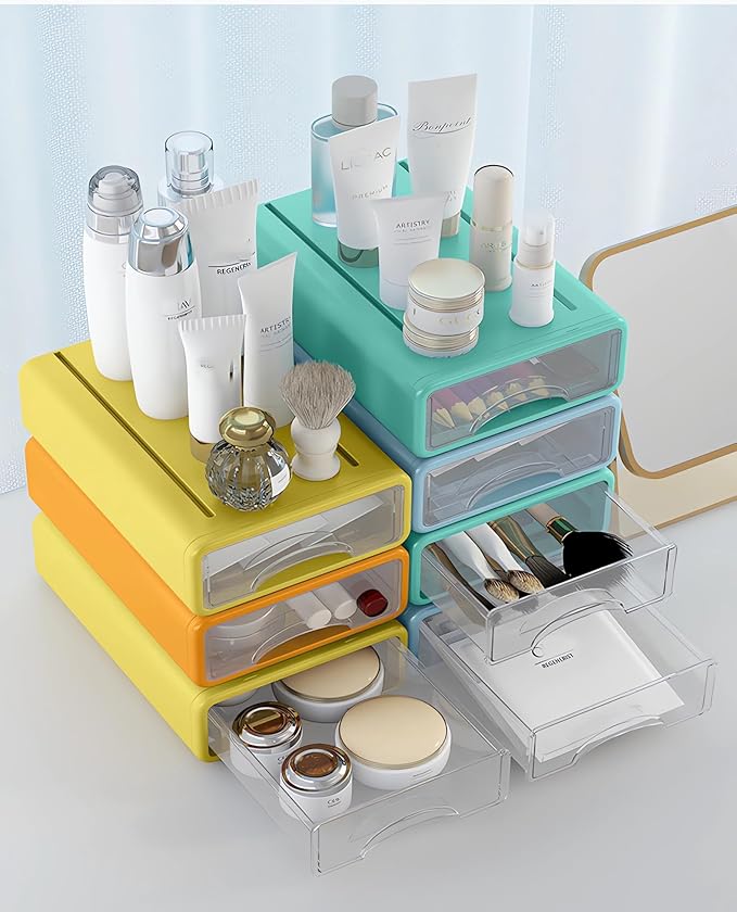 Plastic Desktop Drawer Organizer, Small 4-Tier Stackable Storage Drawers, Mini Desk Organizer for Office Stationery Makeup Vanity Supplies