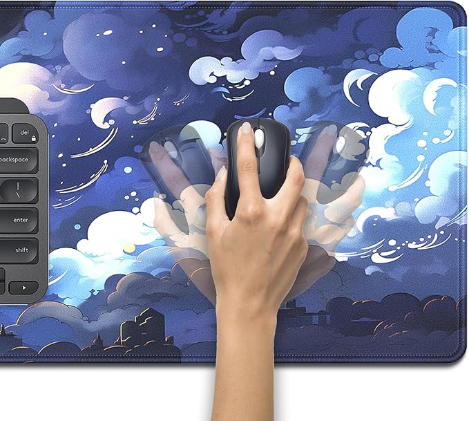 Blue Clouds Mouse Pad,Extended Stars Sky Dark Blue Clouds Mousepad Desk Pad with Stitched Edges,Non-Slip Waterproof Rubber Base Mouse Mat for Office Computer Keyboard Laptop Home 27.5x11.8 in