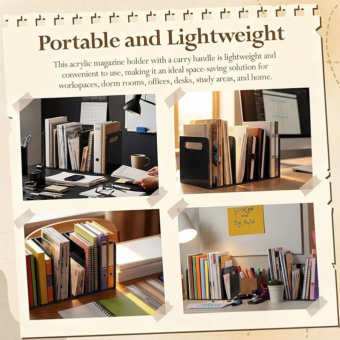 Didaey 1 Pack Acrylic Magazine File Holder, 5 Vertical Compartments Desk Sorter Organizer Magazines Documents Books Accessories Black Folder Rack Binder for Office Home(B5, 5 Sections, Black)