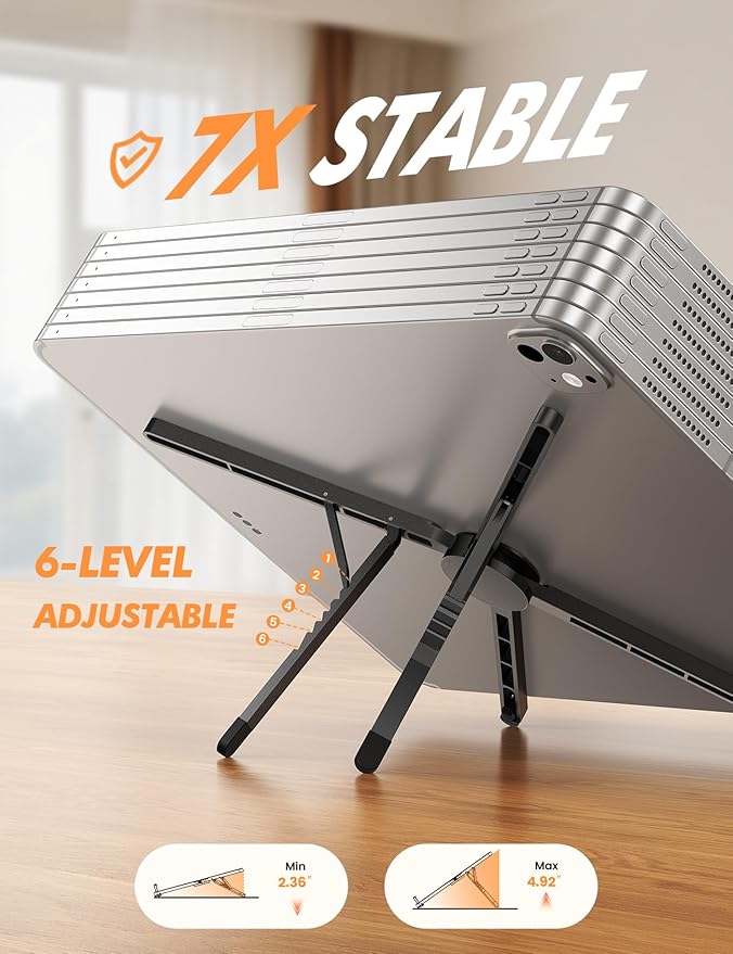 Lamicall Adjustable Laptop Stand for Desk - [0.25lb Ultralight] Foldable & Portable Laptop Riser, Aluminum Computer Stand for Travel Library Cafe fit MacBook Neo Air Pro HP Dell Lenovo Tablet - Black