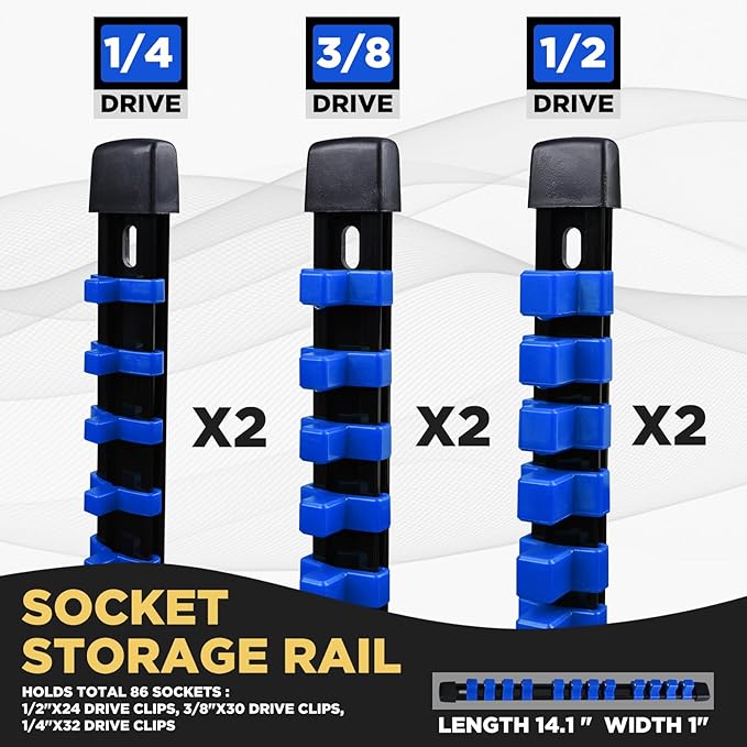 Socket Organizer Set 6PCS ABS Socket Holder Kit, 1/4-Inch x 32 Clips, 3/8-Inch x 30 Clips, 1/2-Inch x 24 Clips Socket Set Organizer, Drive Socket Tray, Socket Holders Clip Socket Rail, Blue